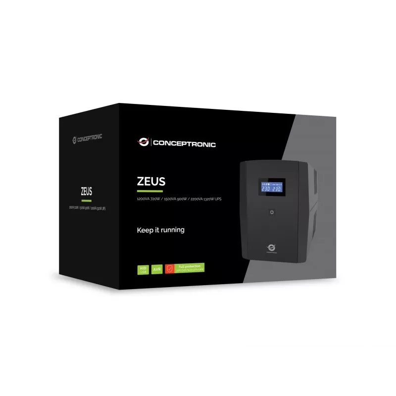 Conceptronic ZEUS04G 2200VA 1320W UPS, UK zásuvka x 4, HID USB, RJ45 vstup/výstup, AVR