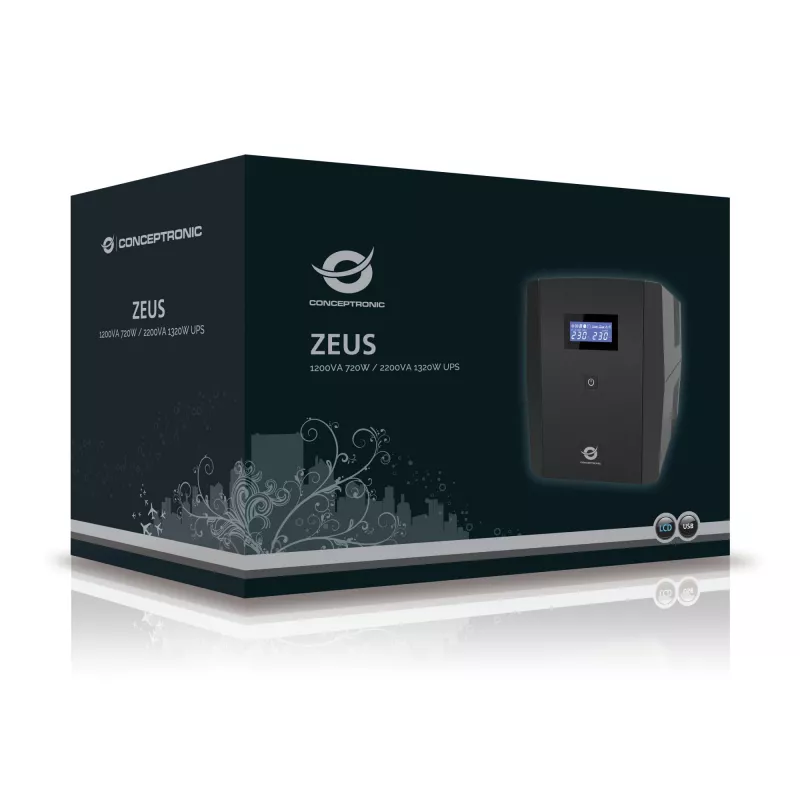 Conceptronic ZEUS 1200VA 720W UPS, IEC + Schuko zásuvka, line-interactive, 1,2 kVA, 720 W, 220 V, 240 V, 220 V