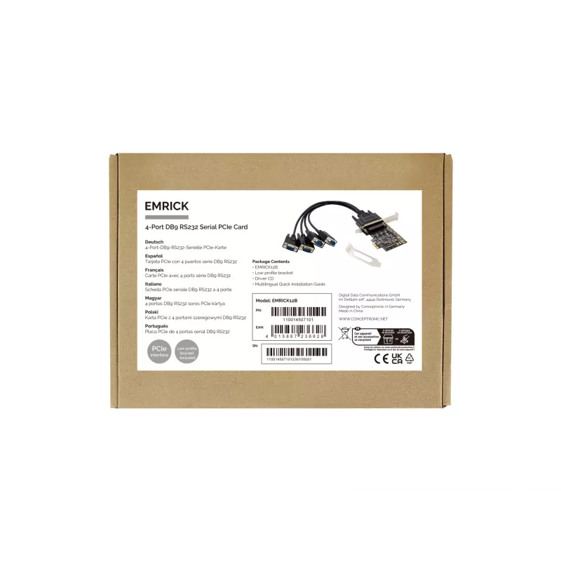 Conceptronic 4-portová DB9 RS232 sériová PCIe karta, PCIe, RS-232, PCIe 2.0, RS-232, čierna, Čína