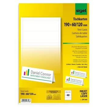 Sigel DP049 Stolové karty, 190 x 60 mm, 185 g/m², žiarivo biele, 40 ks (20 hárkov x 2)