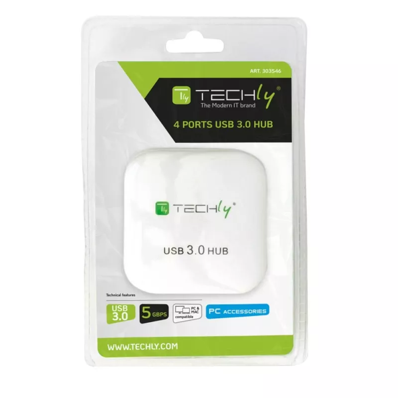 Techly USB 3.0 Super Speed hub 4 porty biely IUSB3-HUB4-WH, USB 3.2 Gen 1 (3.1 Gen 1) Type-A, 5000 Mbit/s, biely, 0,8 m, CE, RoHS, USB 2.0 USB 1.1
