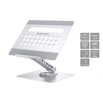 Conceptronic DONN27G, stojan na notebook, strieborná, hliník, 360°, USB 3.2 Gen 1 (3.1 Gen 1) Type-C, 5000 Mbit/s