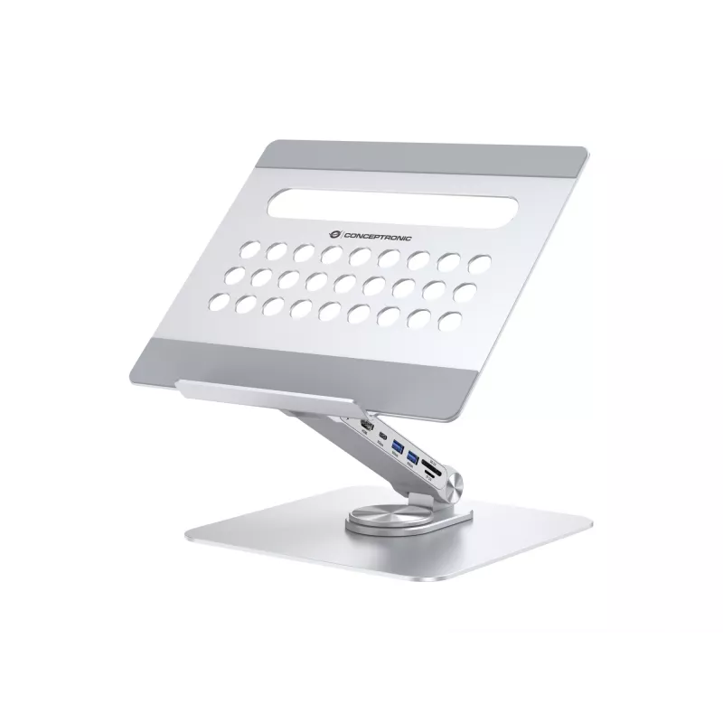 Conceptronic DONN27G, stojan na notebook, strieborný, hliník, 360°, USB 3.2 Gen 1 (3.1 Gen 1) Type-C, 5000 Mbit/s