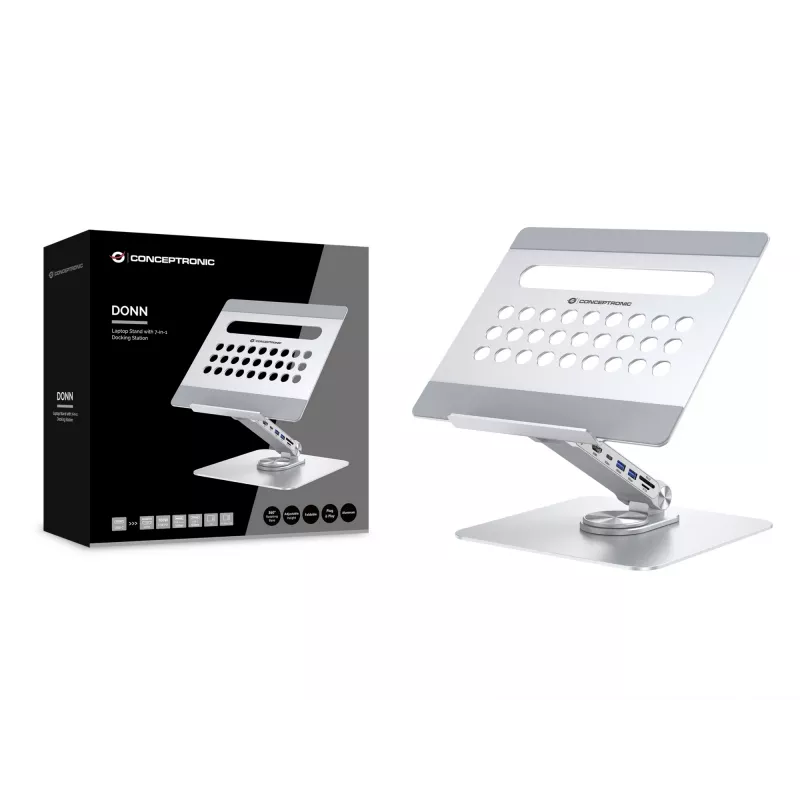 Conceptronic DONN27G, stojan na notebook, strieborný, hliník, 360°, USB 3.2 Gen 1 (3.1 Gen 1) Type-C, 5000 Mbit/s