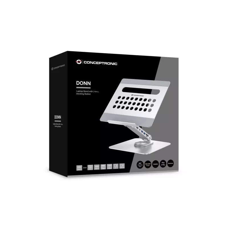 Conceptronic DONN27G, stojan na notebook, strieborný, hliník, 360°, USB 3.2 Gen 1 (3.1 Gen 1) Type-C, 5000 Mbit/s