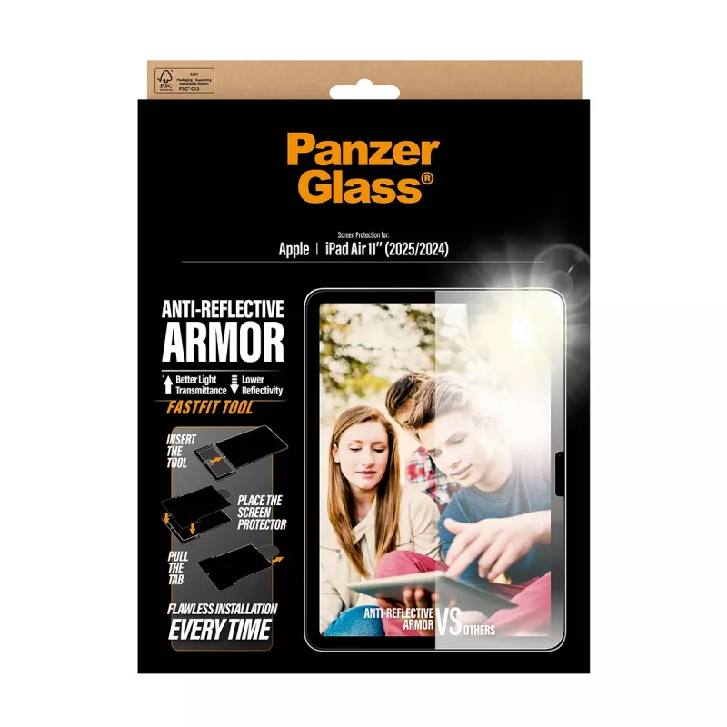 Ochranné sklo displeja PanzerGlass Anti-Reflective Armor pre iPad Air 11 palcov (2024–2026) Ultra-Wide Fit s Fastfit nástrojom, PET/silikón