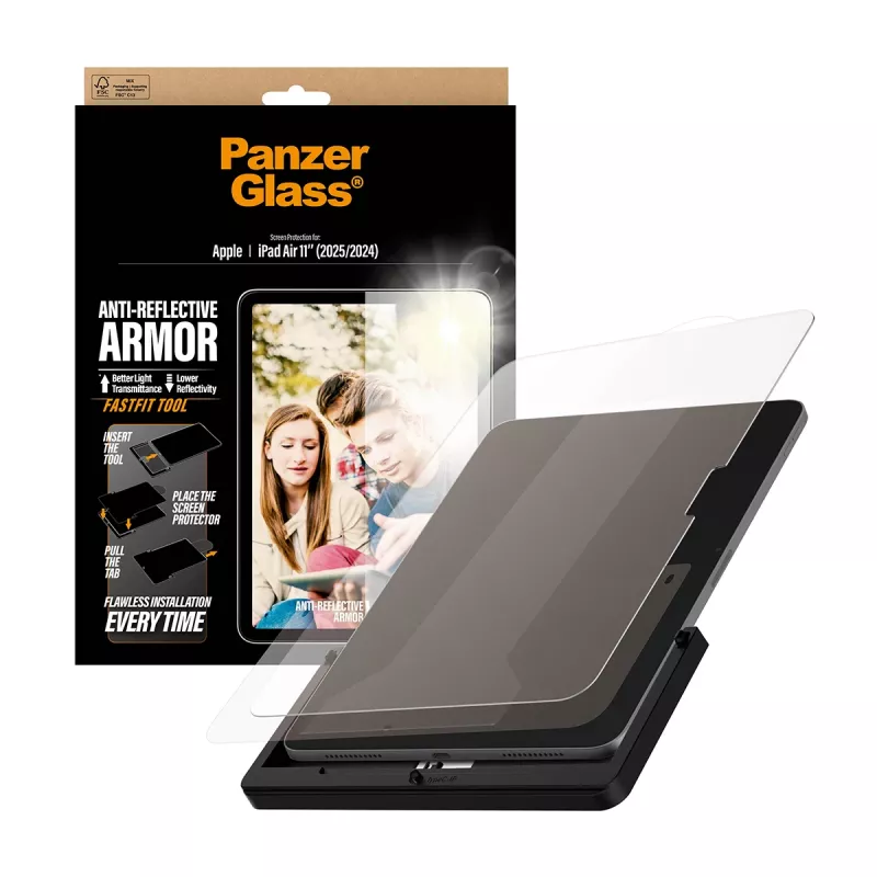 Ochranné sklo displeja PanzerGlass Anti-Reflective Armor pre iPad Air 11 palcov (2024–2026) Ultra-Wide Fit s Fastfit nástrojom, PET/silikón