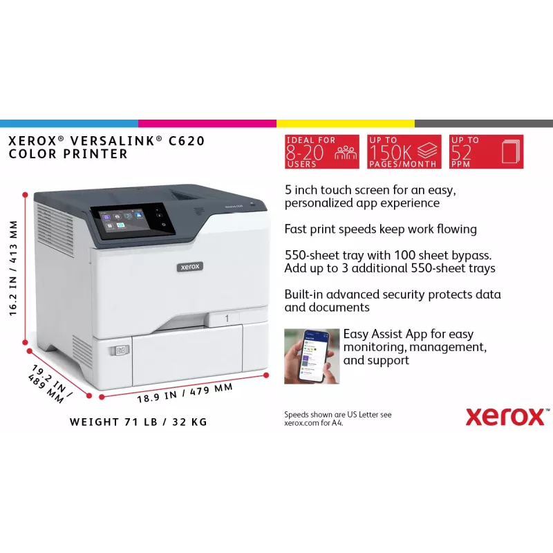 Xerox VersaLink C620 A4 50ppm duplex tlačiareň PS3 PCL5e/6 2 zásobníky 650 listov