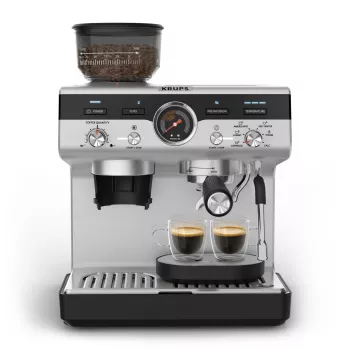 Espresso stroj KRUPS XP801T poloautomatický s integrovaným mlynčekom, 3-litrová nádrž na vodu, 2 šálky výdaj, čierny/ušľachtilá oceľ