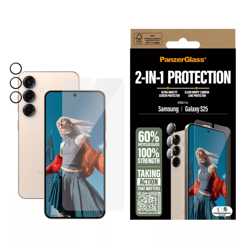 PanzerGlass 2-in-1 ochranný balík Samsung Galaxy S25 odolný proti poškriabaniu a nárazom