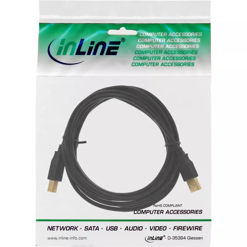 InLine USB 2.0 kábel Type-A samec na Type-B samica, 1,5 m, čierny, pozlátené kontakty