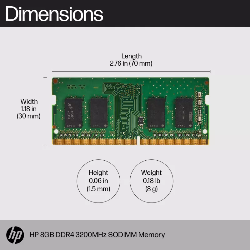 HP 8GB DDR4 3200 SODIMM pamäť, Business, Windows 10, Windows 11, 70 mm, 30 mm, 1,5 mm, 8 g