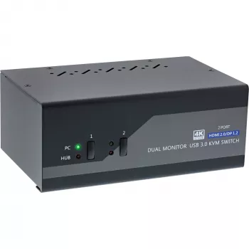 InLine KVM desktop prepínač, 2-port, dual-monitor, DP+HDMI, 4K, USB 3.0, audio