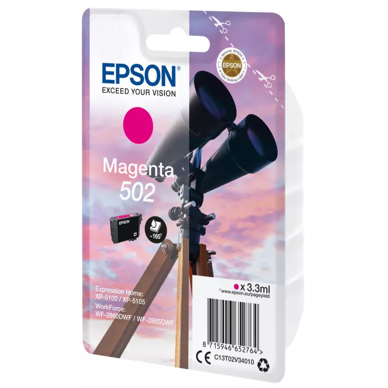 Epson samostatné balenie purpurová 502 atrament, štandardná kapacita, purpurová, pigmentový atrament, 3,3 ml, 1 ks, 165 strán