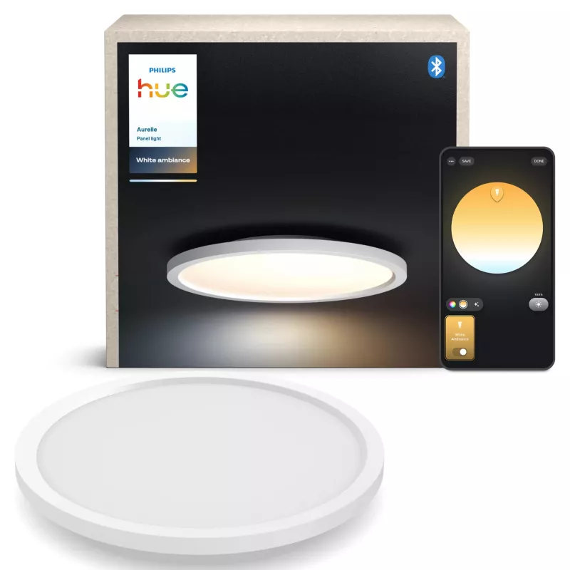 Philips Aurelle Hue okrúhle panelové svietidlo, inteligentné stropné svietidlo, Bluetooth/Zigbee, biela, LED, hliník, variabilné