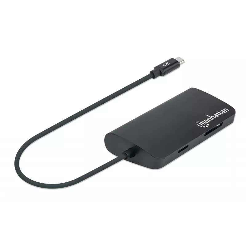 Manhattan USB-C dock/hub s čítačkou kariet, konektory (x5): Ethernet, USB-A (3) a USB-C, 5 Gbit/s (USB 3.2 Gen1 alias USB 3.0), s Power Delivery (100W) na USB-C konektor (poznámka: vyžaduje sa dodatočný USB-C napájací zdroj a USB-C kábel), univerzálny pre všetky zariadenia, hliník