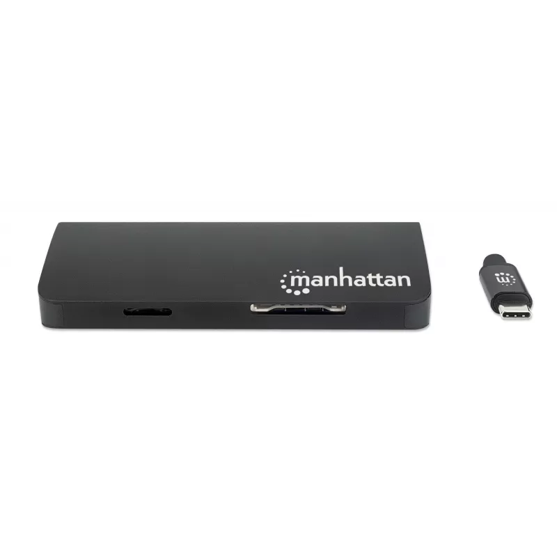 Manhattan USB-C dock/hub s čítačkou kariet, konektory (x5): Ethernet, USB-A (3) a USB-C, 5 Gbit/s (USB 3.2 Gen1 alias USB 3.0), s Power Delivery (100W) na USB-C konektor (poznámka: vyžaduje sa dodatočný USB-C napájací zdroj a USB-C kábel), univerzálny pre všetky zariadenia, hliník