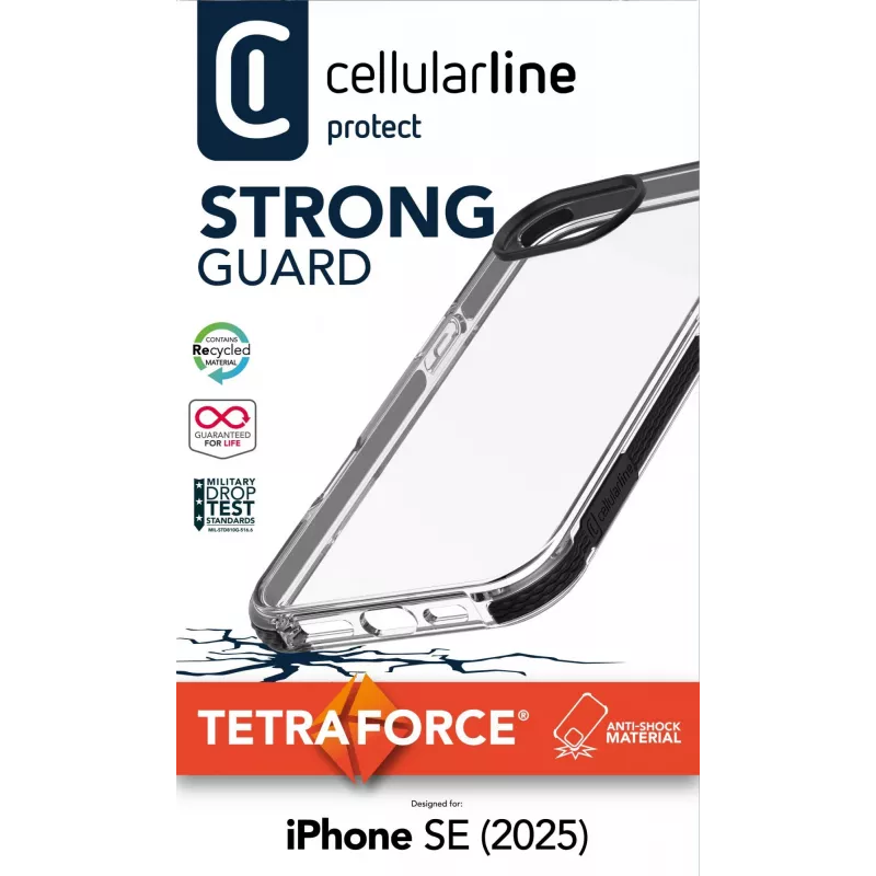 Cellularline Tetra Force Strong Guard – iPhone 16e ultra elastické, nárazuvzdorné ochranné puzdro s integrovanou antibakteriálnou Microban® technológiou