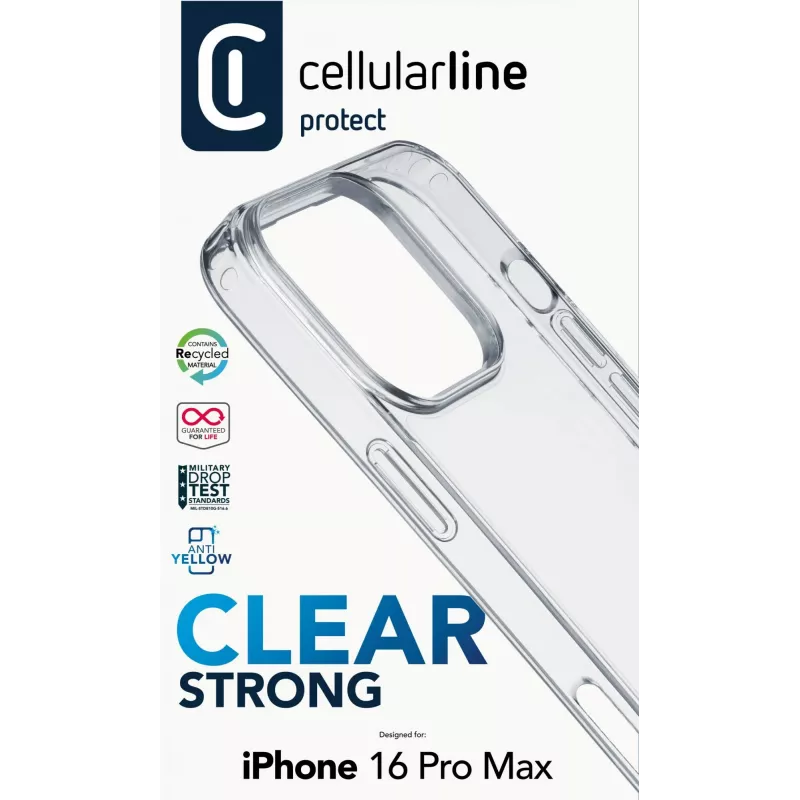 Cellularline Clear Protect – tvrdé puzdro pre iPhone 16 Pro Max s gumenými okrajmi