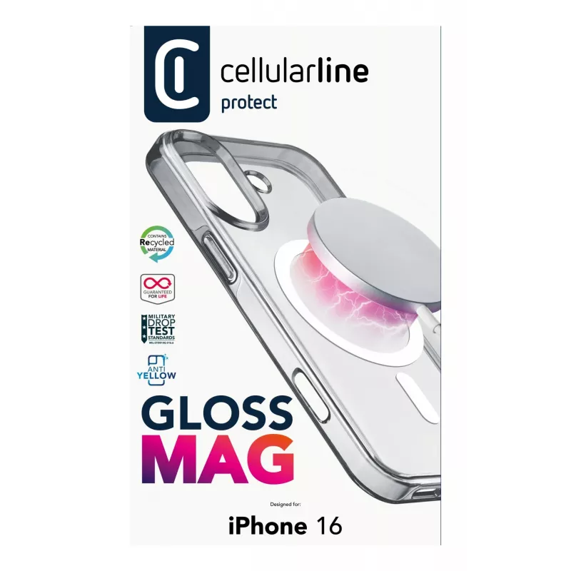 Cellularline Gloss Mag – iPhone 16 magnetické puzdro na nabíjanie a upevnenie na MagSafe nabíjačke