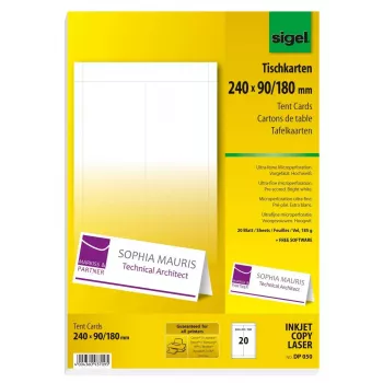 Sigel DP050 stolové karty, 240 x 90 mm, 185 g/m², žiarivo biele, 20 ks