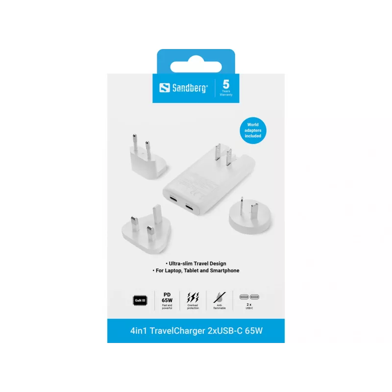 Sandberg 4in1 TravelCharger 65W biela, interiérová, AC, 20 V, biela