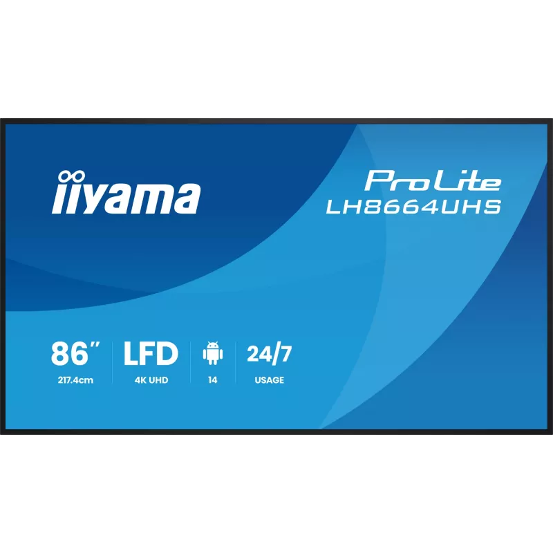 Digital-Signage plochý displej IIYAMA LH8664UHS-B3AG — 85,6 inch (2,17 m) 3840x2160 4K IPS, 450 cd/m², Wi‑Fi, Android, 24/7, čierny
