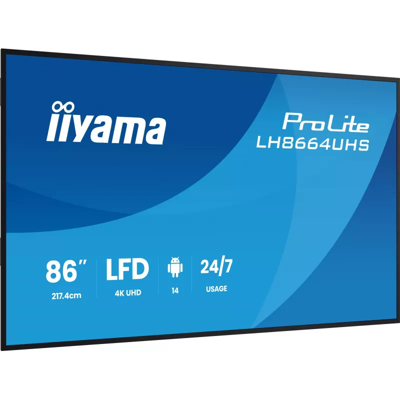 Digital-Signage plochý displej IIYAMA LH8664UHS-B3AG — 85,6 inch (2,17 m) 3840x2160 4K IPS, 450 cd/m², Wi‑Fi, Android, 24/7, čierny