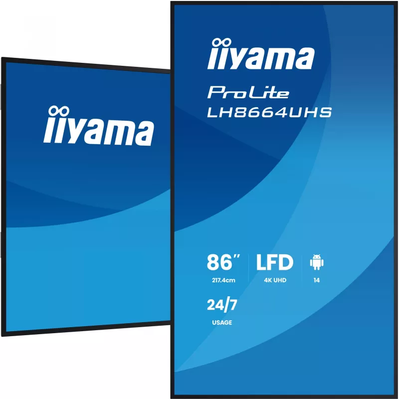 Digital-Signage plochý displej IIYAMA LH8664UHS-B3AG — 85,6 inch (2,17 m) 3840x2160 4K IPS, 450 cd/m², Wi‑Fi, Android, 24/7, čierny