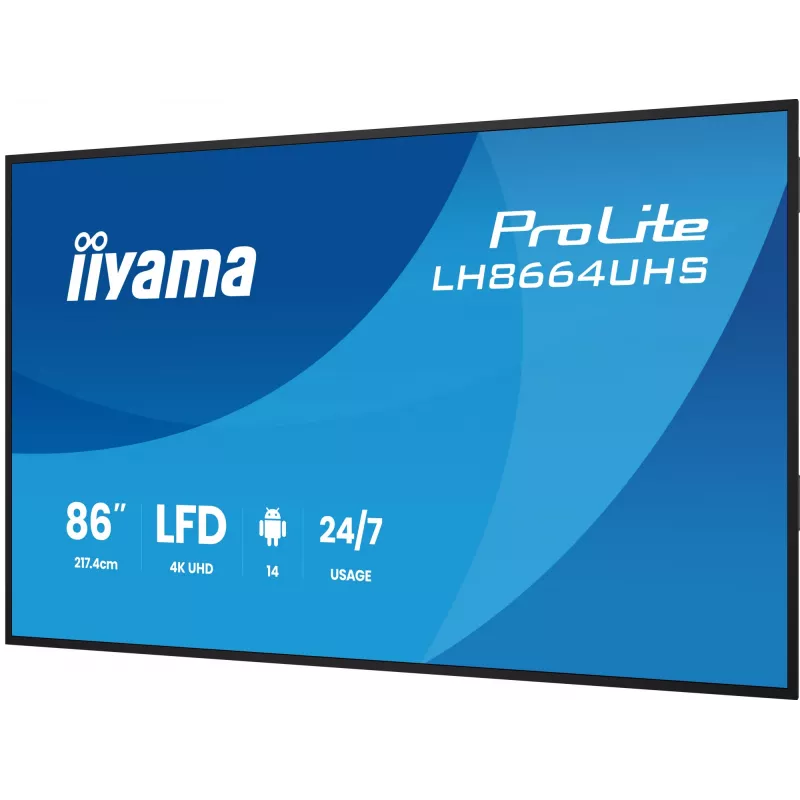 Digital-Signage plochý displej IIYAMA LH8664UHS-B3AG — 85,6 inch (2,17 m) 3840x2160 4K IPS, 450 cd/m², Wi‑Fi, Android, 24/7, čierny