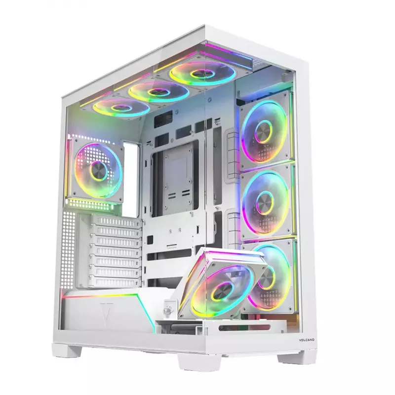 PC skriňa MODECOM VOLCANO STELLAR PLUS ARGB MIDI 8F biela — Mid-Tower, ATX, tvrdené sklo, ARGB osvetlenie, 8 ventilátorov, GPU do 42 cm