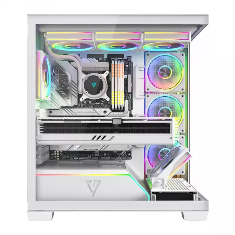 PC skriňa MODECOM VOLCANO STELLAR PLUS ARGB MIDI 8F biela — Mid-Tower, ATX, tvrdené sklo, ARGB osvetlenie, 8 ventilátorov, GPU do 42 cm