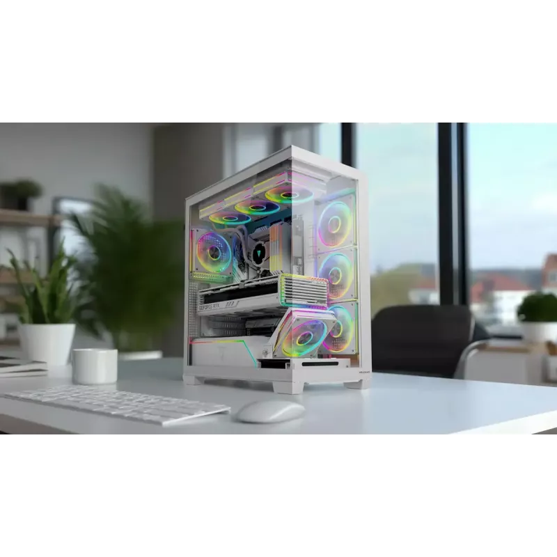 PC skriňa MODECOM VOLCANO STELLAR PLUS ARGB MIDI 8F biela — Mid-Tower, ATX, tvrdené sklo, ARGB osvetlenie, 8 ventilátorov, GPU do 42 cm