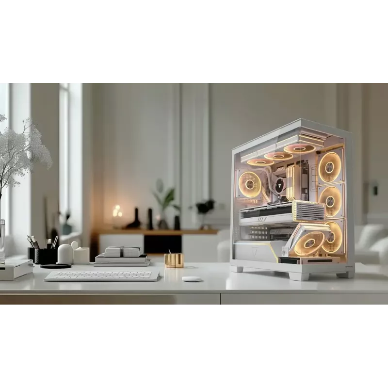PC skriňa MODECOM VOLCANO STELLAR PLUS ARGB MIDI 8F biela — Mid-Tower, ATX, tvrdené sklo, ARGB osvetlenie, 8 ventilátorov, GPU do 42 cm