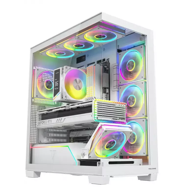 PC skriňa MODECOM VOLCANO STELLAR PLUS ARGB MIDI 8F biela — Mid-Tower, ATX, tvrdené sklo, ARGB osvetlenie, 8 ventilátorov, GPU do 42 cm