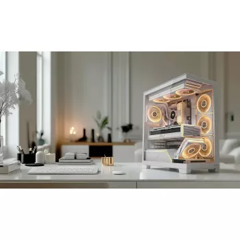 PC skriňa MODECOM VOLCANO STELLAR PLUS MIDI biela — Midi Tower, microATX, tvrdené sklo, USB-C, podporuje GPU 420 mm