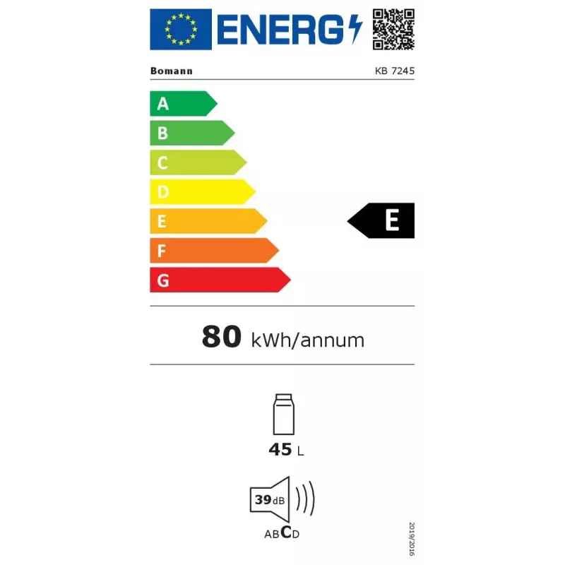 Kompaktná chladnička BOMANN KB 7245, 45 L chladnička, 4 L mraznička, trieda E, 39 dB, biela