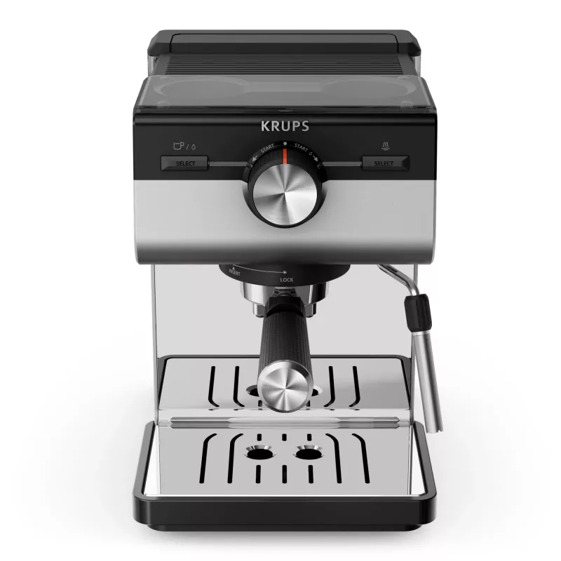 Espresso stroj KRUPS XP384E10 — poloautomatický, 2 l nádrž na vodu, 2 šálky, čierna/nehrdzavejúca oceľ