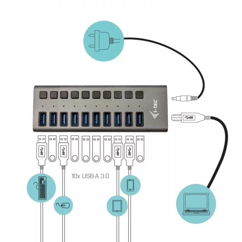 i-tec USB 3.0 nabíjací HUB 10 portov + napájací zdroj 48 W