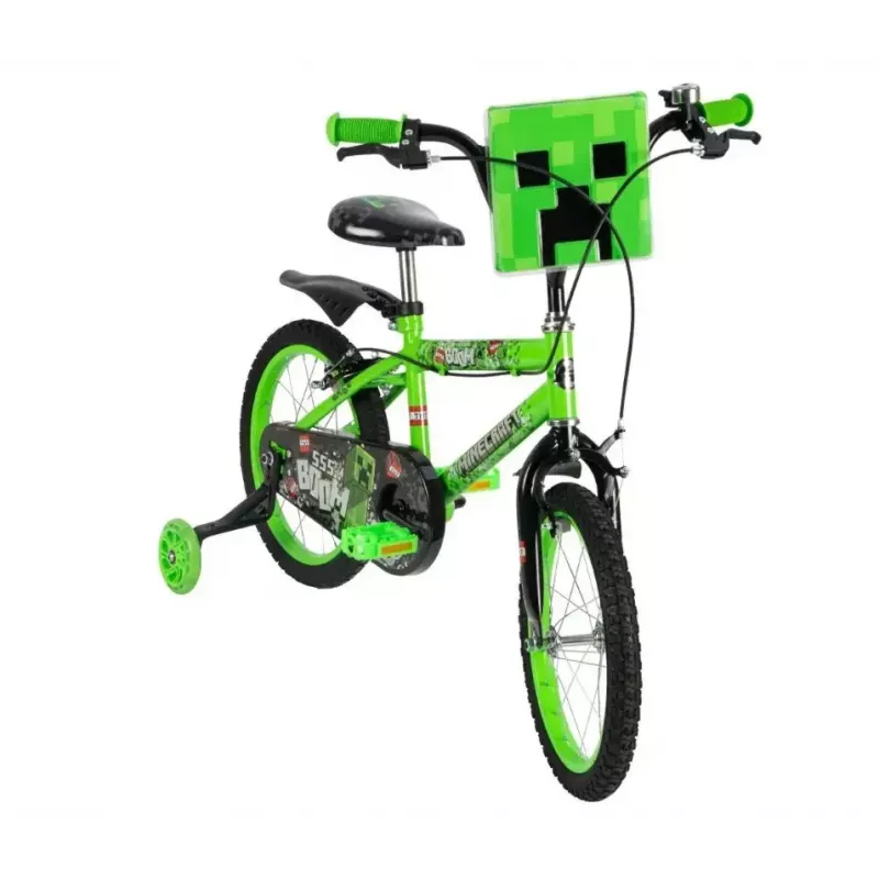 Detský bicykel HUFFY Minecraft 16 inch zelený — 16 inch oceľový rám, jednorýchlostný prevod, predné/zadné ráfikové brzdy