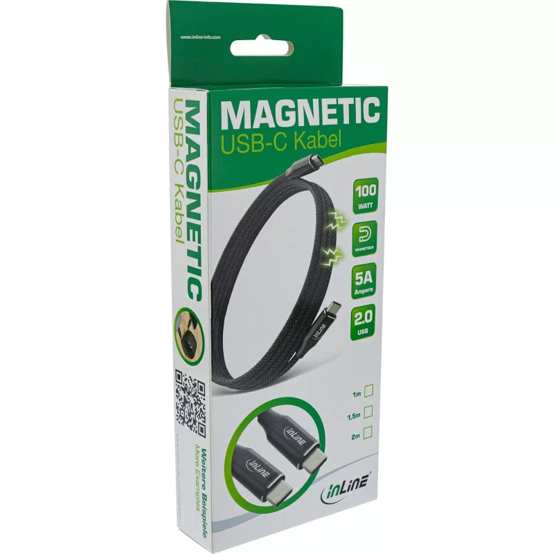 InLine magnetický USB-C kábel, USB-C konektor samec/samec, 100 W, čierny, 1 m