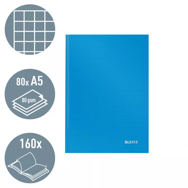 Leitz zápisník Solid Hardcover A5 štvorčekovaný 90 g/m² 80 listov, jednofarebný, modrý, A5, 80 listov, lesklý, 80 g/m²