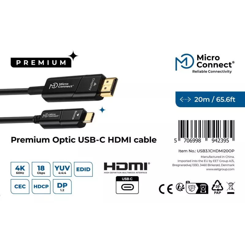 Microconnect USB3.1CHDMI20OP video kábel adaptér 20 m USB Type-C HDMI čierny