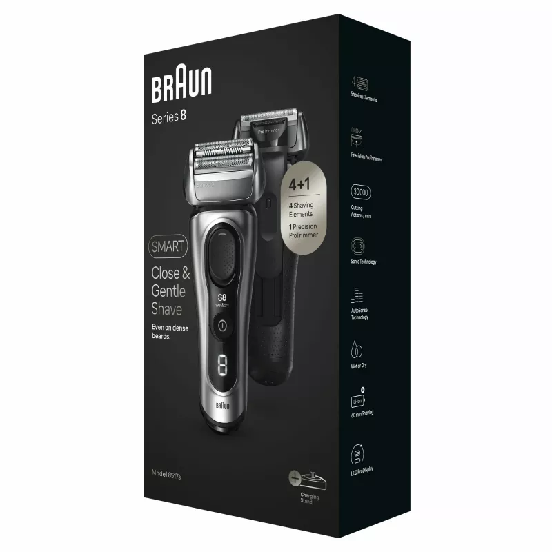 Braun Séria 8 8517s elektrický holiaci strojček – mokré a suché holenie, strieborná