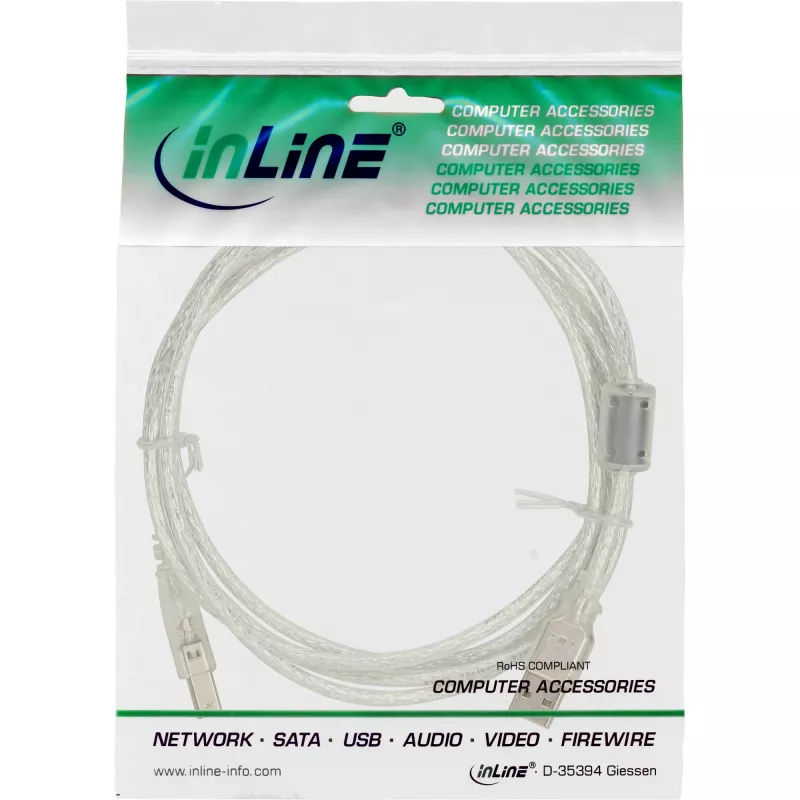 InLine USB 2.0 kábel Type-A konektor samec / B konektor samec transparentný, feritové jadro, 1 m