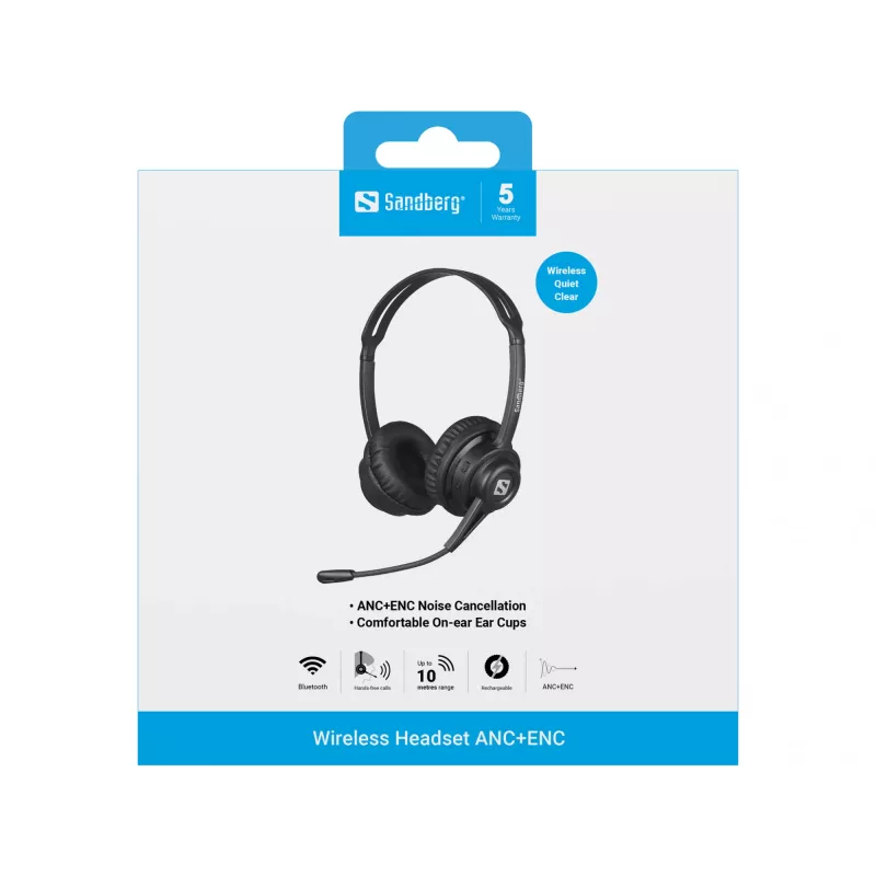 Sandberg bezdrôtový headset ANC+ENC, bezdrôtový, hudba/bežné použitie, 20–20000 Hz, 230 g, headset, čierny