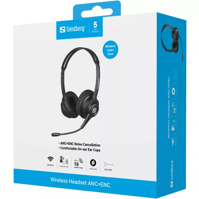 Sandberg bezdrôtový headset ANC+ENC, bezdrôtový, hudba/bežné použitie, 20–20000 Hz, 230 g, headset, čierny