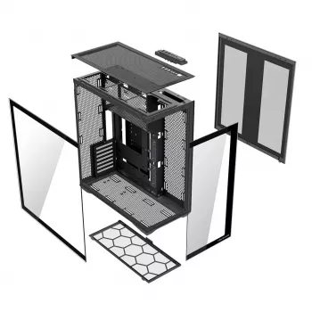 PC skriňa Full-Tower MODECOM Volcano SPACE XL NF — čierna, tvrdené sklo, ARGB, podpora micro-ATX, GPU až do 44 cm, pozície 3×3,5 palca/4×2,5 palca, USB-A 2×, USB-C 1×