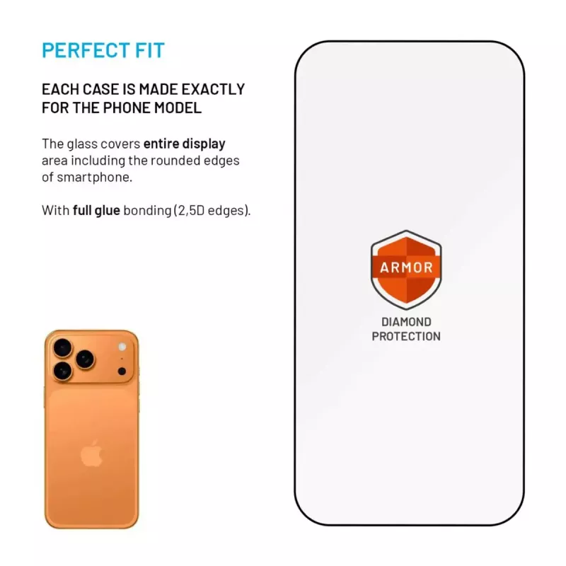 Ochranná fólia displeja FIXED pre Apple iPhone 17 Pro — tvrdené sklo, čierna, Armor s aplikátorom proti prachu a AR vrstvou