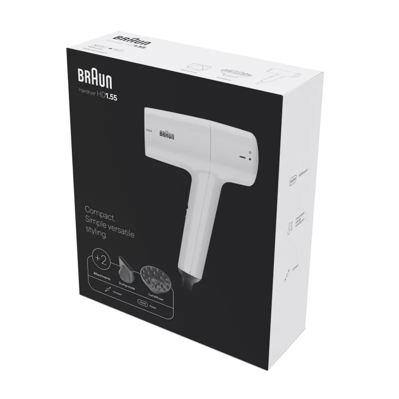 Fén BRAUN HD1.55 — 1800 W, 2 stupne ohrevu, Cool shot, 1,8 m kábel, biely